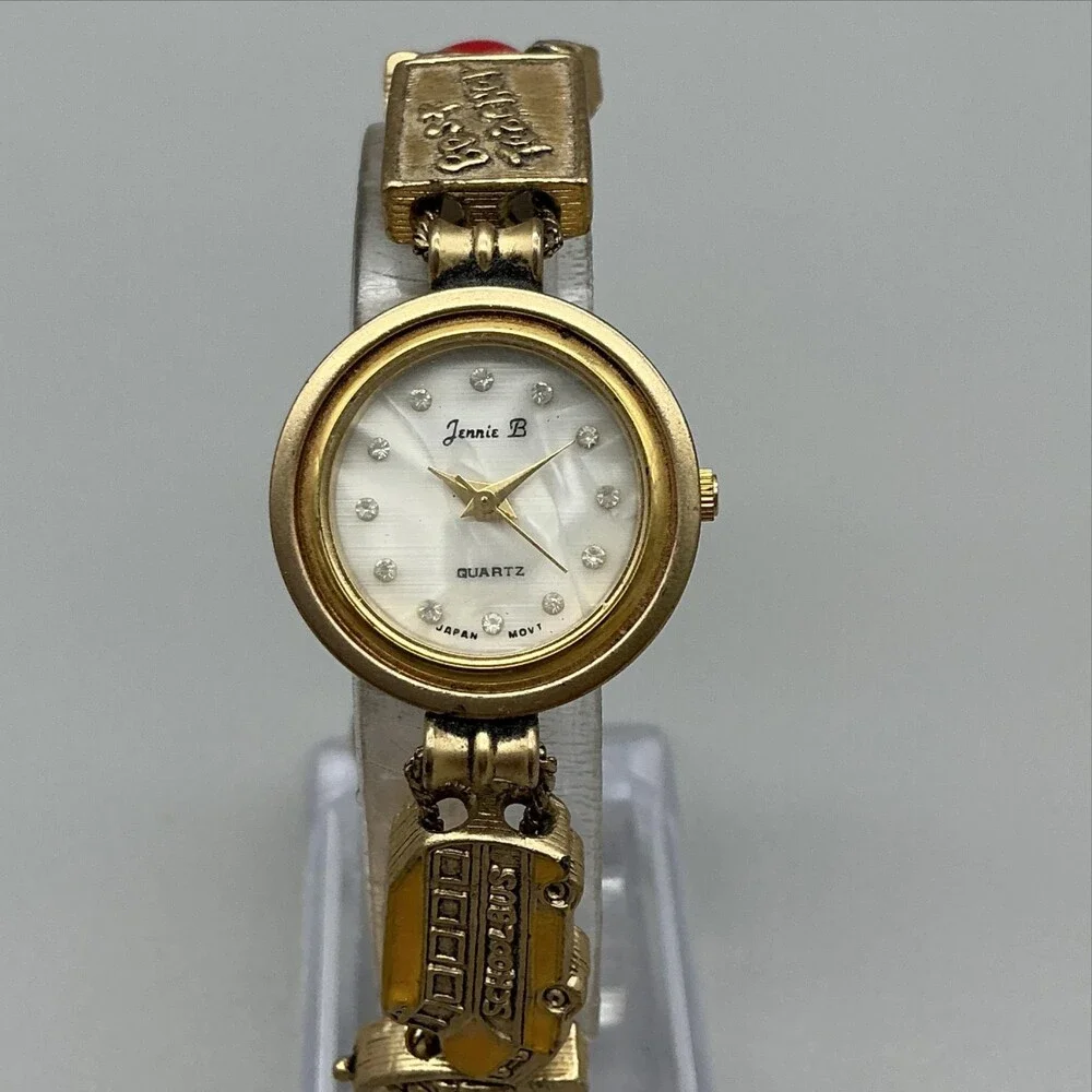 Jennie B Womens Watch 24mm School Gold Tone Teacher Charm New Battery 7.5